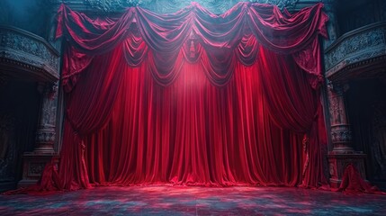 Majestic red velvet curtains with elaborate swags and tassels frame a grand theater stage, embodying classical elegance and drama.
