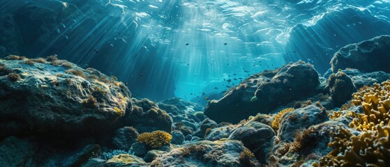 Underwater view of a vibrant sea coral reef teeming with marine life. Ocean ecosystem