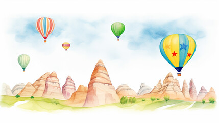 Hot air balloons floating over the fairy chimneys in Cappadocia, Turkey cartoon drawing, AI Generated