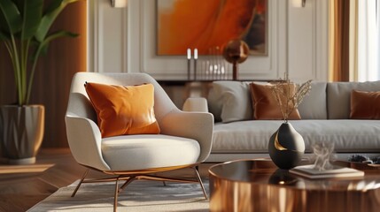 Luxurious Contemporary Interior Design of a Bright Living Room with Glamorous Gold and Copper Accents
