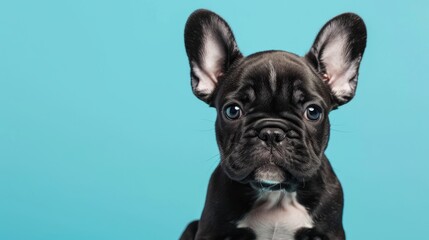 Photo portrait of a sitting black French bulldog puppy on a blue background
