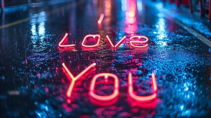 "I Love You" in Neon Lights Reflected on a Rainy Pastel Street, Valentine’s Day, pastel background, Flat lay, top view, with copy space