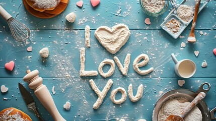 "I Love You" Handwritten in Flour on a Pastel Blue Kitchen Counter, Valentine’s Day, pastel background, Flat lay, top view, with copy space