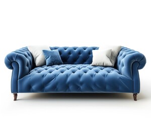 Contemporary Blue Buttoned Sofa in Isolated White Room