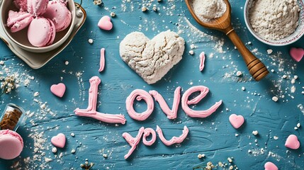 "I Love You" Handwritten in Flour on a Pastel Blue Kitchen Counter, Valentine’s Day, pastel background, Flat lay, top view, with copy space