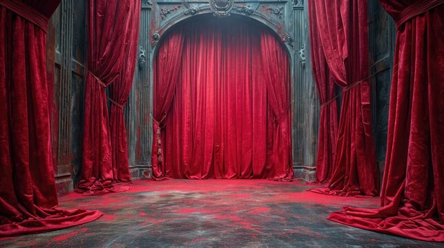 Opulent red velvet curtains drape over a grand theater stage, framed by a gothic arch and ornate wooden carvings, radiating dramatic elegance.