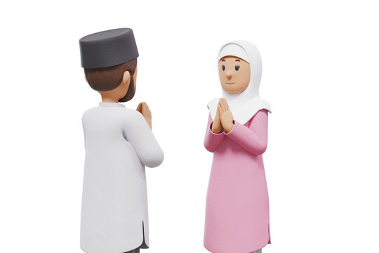 3D illustration of a Muslim man and woman greeting each other with transparent background