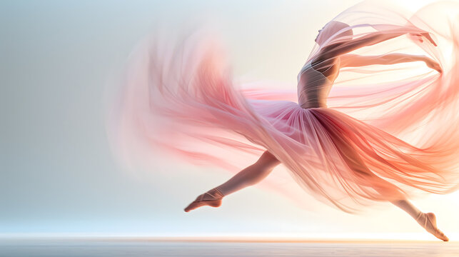 a ballet dancer performing a grand jet&eacute;. The image captures the dancer mid-leap, with the long exposure creating a fluid, ghost-like trail that follows the arc of her jump.