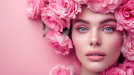 portrait of a woman with pink roses, Women's Day