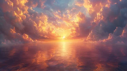 Selbstklebende Fototapeten Fiery sunset over tranquil sea, with radiant clouds and sun beams creating a breathtaking, dramatic skyscape. © AlexTroi