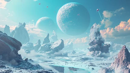 Gordijnen 3D-rendered metaverse landscape with flying objects and surreal elements, creating a visually stunning representation of metaverse entertainment, metaverse landscape, hd, with copy © Kateryna