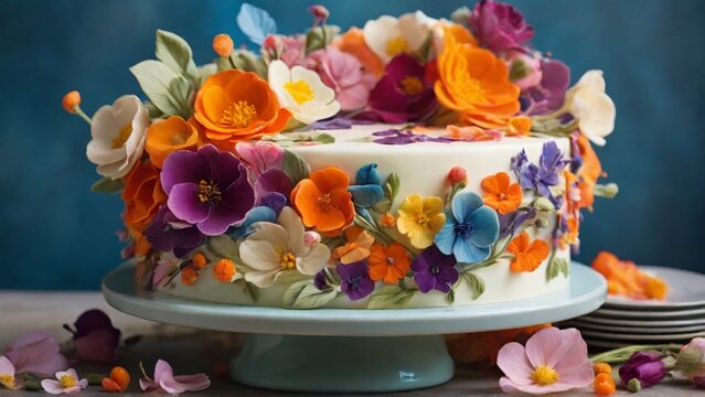 Create an image that highlights the delicate beauty of edible flowers adorning a cake, showcasing their colors, shapes, and placement.

 - Generative AI