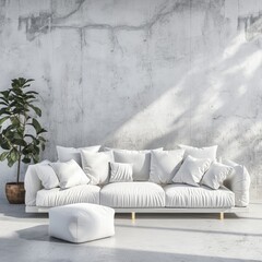 Contemporary Natural Living Room Interior with White Sofa and Concrete Wall Background
