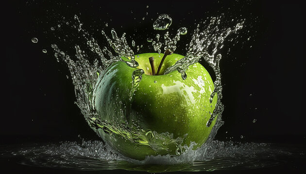 Green fresh apple fruit with water splashing picture