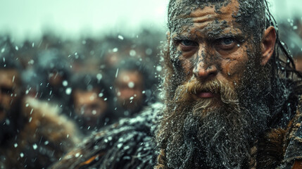 A cinematic portrait of a viking with a beard in a battle