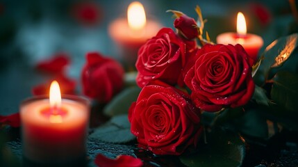 A creative composition of red roses with candles, evoking a sense of warmth and intimacy. [Red roses with candles, space for text, elegance, and sensuality