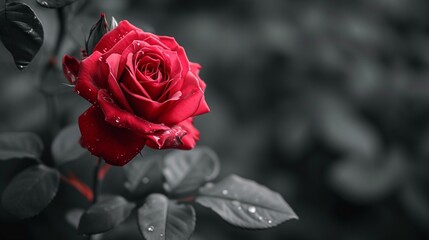 A monochromatic composition of grayscale with a pop of red from a single rose, adding contrast. [Grayscale with pop of red rose, space for text, elegance, and sensuality