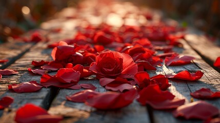 Red rose petals forming a beautiful trail, creating a sense of anticipation and romance. [Trail of red rose petals, space for text, elegance, and sensuality