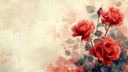 A creative blend of red roses and watercolor elements, adding an artistic and contemporary touch. [Red roses with watercolor elements, space for text, elegance, and sensuality