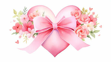 Shiny Heart with Pink Ribbon and Flowers, Beautiful arrangement of shiny red heart with pink ribbon and flowers, AI Generated