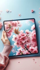 Cherry Blossoms Emerging from Tablet Screen, Spring Concept