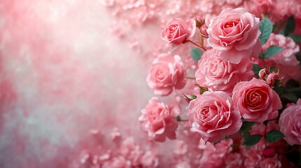 Creative blend of pink roses and watercolor elements, offering an artistic and celebratory backdrop. [Pink roses with watercolor elements, space for text