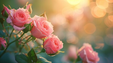 Pink rosebuds in soft morning light, ideal for conveying a fresh and cheerful birthday mood. [Pink rosebuds in morning light, space for text - obrazy, fototapety, plakaty