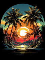 T-shirt design, vectorized t-shirt design of palm trees at beach, detailed, vintage, playful , caricature style created with Generative Ai