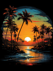 T-shirt design, vectorized t-shirt design of palm trees at beach, detailed, vintage, playful , caricature style created with Generative Ai
