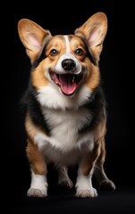 Adorable corgi sitting and looking in camera in studio portrait, full body view, isolated on sleek black background