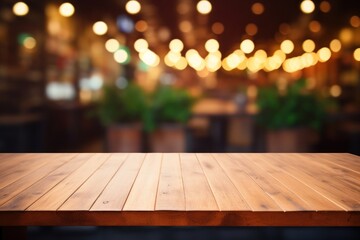 Wooden table against outdoor at street evening bar, featuring blurred defocused background with...