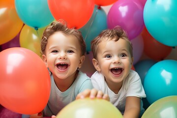 Fototapeta na wymiar Two little boys are twin brothers among a multitude of colorful balloons smiling together. The concept of holidays and happy birthday surprise. Generated by AI.