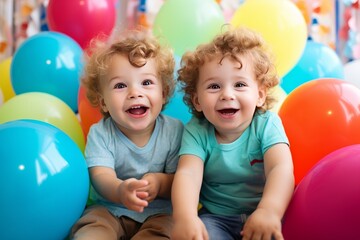 Fototapeta na wymiar Two little boys are twin brothers among a multitude of colorful balloons smiling together. The concept of holidays and happy birthday surprise. Generated by AI.