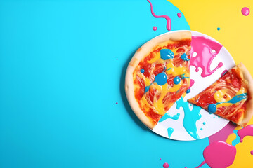 Bright background for National Pizza Day, colorful colors in a modern style. Blue and yellow background.