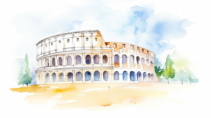 Tourists exploring Colosseum in Rome, Italy cartoon drawing, AI Generated
