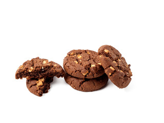 Chocolate rich cookies with contrasting white chocolate chips, transparent background. Cookies with white chocolate close-up PNG format.