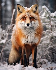 Obraz premium Full-length portrait of red fluffy fox in snowy forest landscape, standing and looking at the camera
