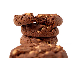 Chocolate rich cookies with contrasting white chocolate chips, transparent background. Cookies with white chocolate close-up PNG format.