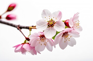 Cherry blossoms flowers in blooming on branch on pink background. Spring and romantic Sakura, apple tree. White isolated background