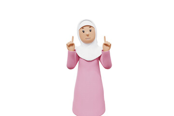 3d illustration of muslim woman greeting with white shirt and transparent background