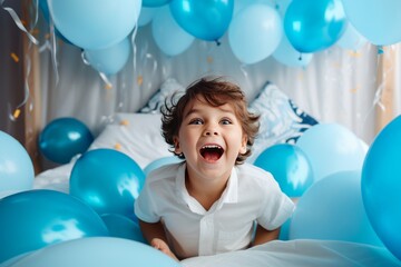 Fototapeta na wymiar A happy little boy on the bed in his room decorated with a lot of blue balloons and smiling. The concept of holidays and happy birthday surprise. Generated by AI.