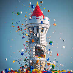 Simple castle tower made of colorful lego breaking apart