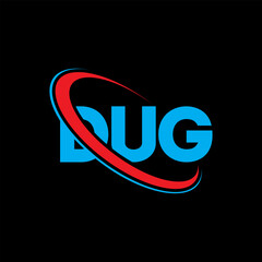 DUG logo. DUG letter. DUG letter logo design. Initials DUG logo linked with circle and uppercase monogram logo. DUG typography for technology, business and real estate brand.