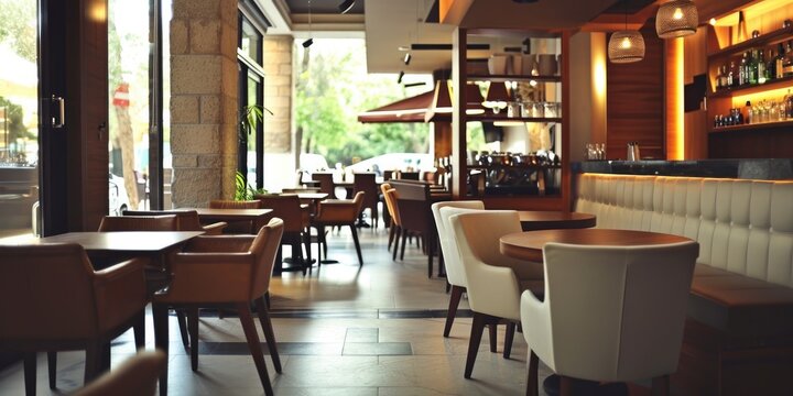 Modern Eatery Interior: Stylish Furniture, Empty Atmosphere, Cozy Bar