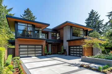 Fototapeta na wymiar Stylish Contemporary Home with Three-Car Garage and Concrete Driveway