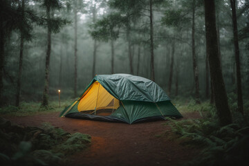 tent in the forest in the night and rain - obrazy, fototapety, plakaty