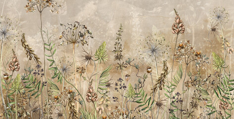 Art drawn dried flowers on a textured background, 
drawing in beige tones.