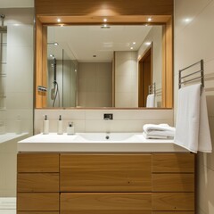 Fototapeta na wymiar Wooden Elegance: A New Bathroom Design with White Square Basin and Elegant Wooden Cabinet