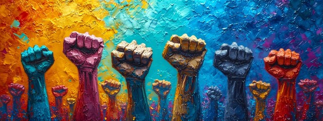 Naklejka premium Fist protest hand activist people social fight crowd civil women march strike rebellion black. Hand fist protest rally movement young youth power racism raised racial group mob revolution change unity