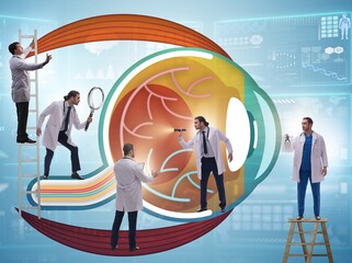Doctor examining giant eye in medical concept